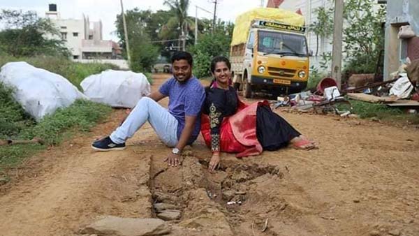 குண்டும் குழியுமாக மோசமான சாலை... அரசாங்க கவனத்தை ஈர்க்க ஃபோட்டோஷூட் நடத்திய இளம் தம்பதி!