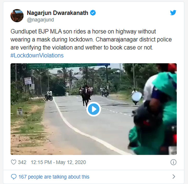 ஊரடங்கை மீறி தேசிய நெடுஞ்சாலையில் குதிரை சவாரி... பாஜக எம்எல்ஏ மகனின் அடாவடி செயல்... வைரல் வீடியோ!