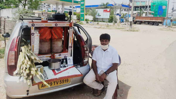 கரும்பு ஜூஸ் கடையாக மாறிய பல லட்சம் மதிப்புள்ள கார்... உயிர்வாழ ஓட்டுநரின் சிறிய சிந்தனை...