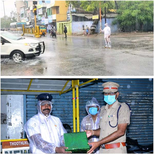 கொட்டும் மழையில் 4 மணி நேரம் போக்குவரத்தை ஒழுங்குபடுத்திய காவலர்... எஸ்பி கொடுத்த சர்ப்ரைஸ்...