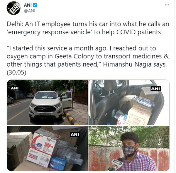 ஆக்ஸிஜன் சிலிண்டர்களுடன், தனது ஃபோர்டு காரை ஆம்புலன்ஸாக மாற்றிய டெல்லி ஐடி ஊழியர்!!