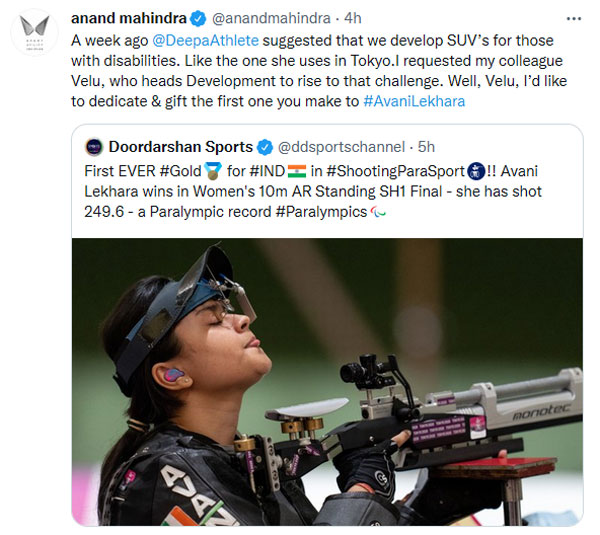 தங்க மங்கை அவானி லெகாராவிற்கு தயாராகும் பிரத்யேக கார்! ஸ்பெஷல் வசதிகளுடன் வடிவமைக்க உத்தரவிட்ட ஆனந்த் மஹிந்திரா!
