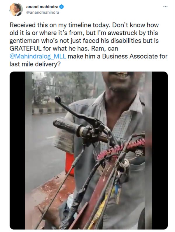 “கை, கால்கள் இல்லையென்றால் என்ன? நான் வேலை தருகிறேன்” - மாற்றுத்திறனாளிக்கு உதவிகரம் நீட்டும் ஆனந்த் மஹிந்திரா