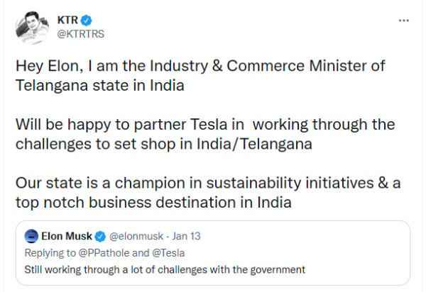 “எங்கள் மாநிலத்தில் தொழிற்சாலையை நிறுவுங்கள்” - டெஸ்லாவை தங்கள் பக்கம் இழுக்க பார்க்கும் தெலுங்கானா அமைச்சர்!!