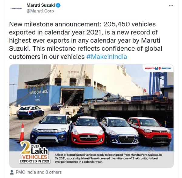 உலகளவில் மாருதி சுஸுகி கார்களுக்கு இவ்வளவு மவுசா!! 2021இல் புதிய உச்சத்தை தொட்ட மாருதி கார்களின் ஏற்றுமதி!