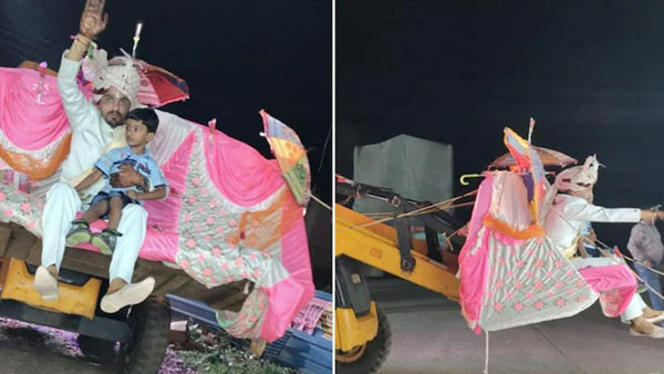 கல்யாண ஊர்வலத்துக்கு இப்படி ஒரு வண்டியா? எல்லாரையும் திரும்பி பாக்க வெச்சுட்டீங்க... ஆனா அபராதம் கட்டணுமே!